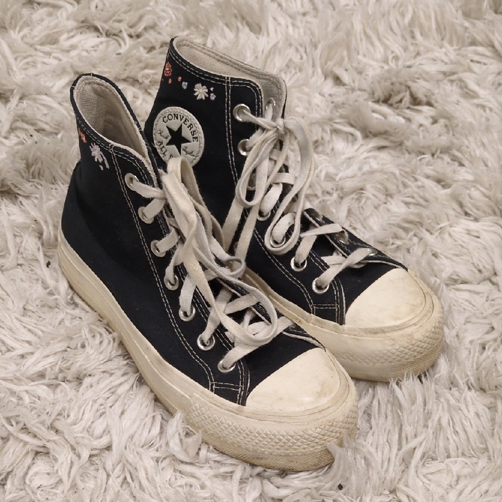 Black Platform Converse High-Top Sneakers with Embroidery
